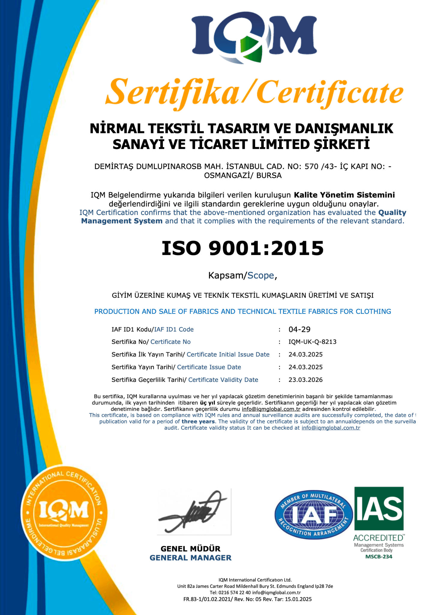 ISO 9001:2015 Sertifikası