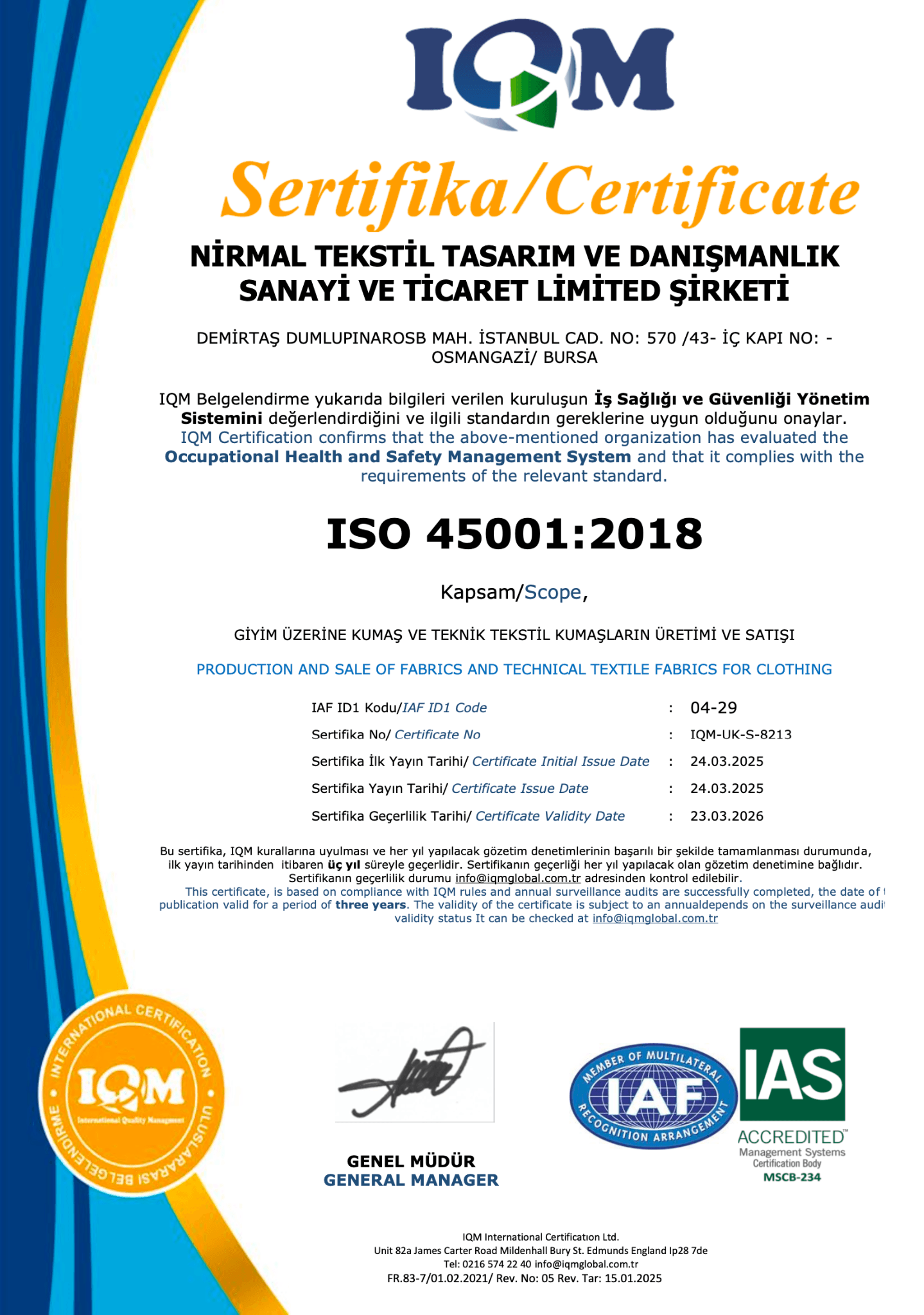 ISO 45001:2018 Sertifikası